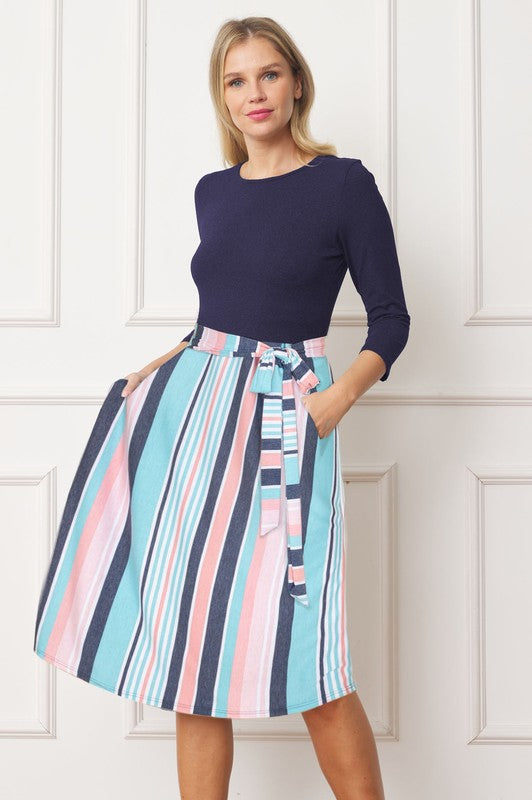 Quarter Sleeve Stripe Sash Midi Dress - Classique Collection