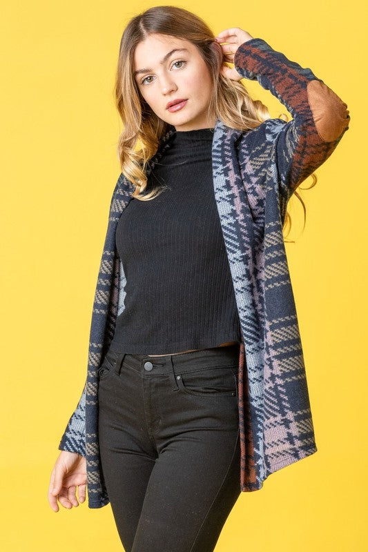 Multi Color Plaid Elbow Patch Cardigan - Classique Collection