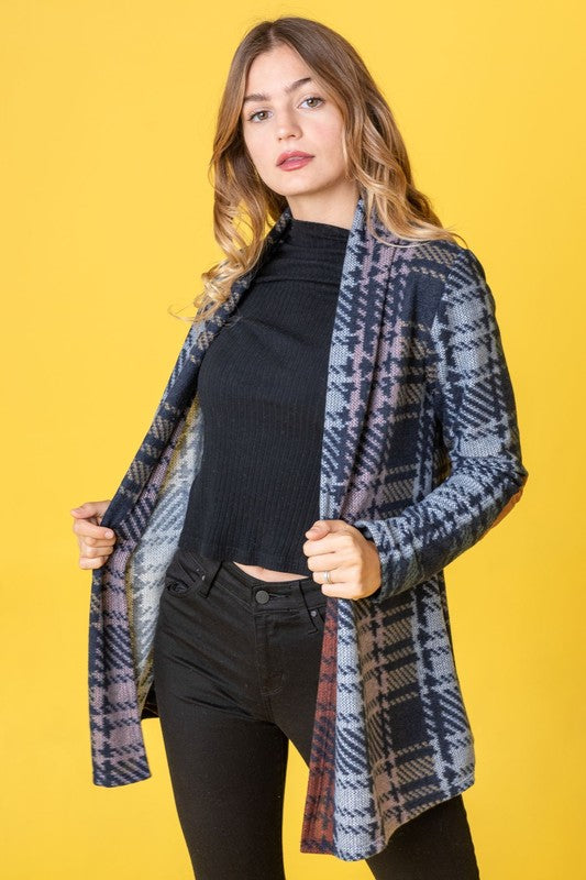 Multi Color Plaid Elbow Patch Cardigan - Classique Collection