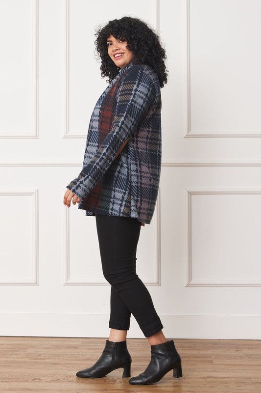 Plus Multi Color Plaid Elbow Patch Cardigan - Classique Collection