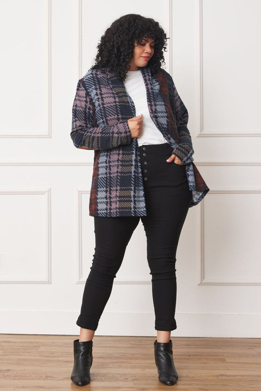 Plus Multi Color Plaid Elbow Patch Cardigan - Classique Collection