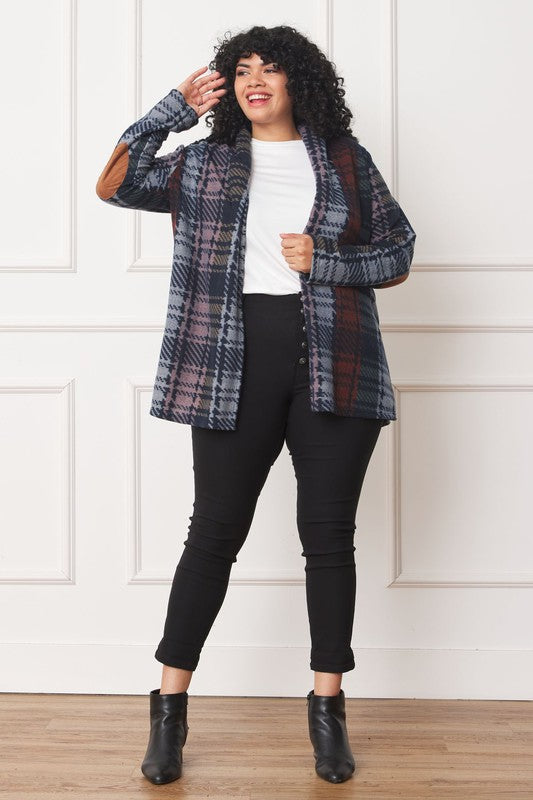 Plus Multi Color Plaid Elbow Patch Cardigan - Classique Collection
