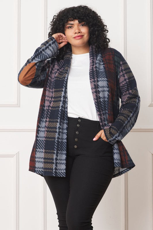 Plus Multi Color Plaid Elbow Patch Cardigan - Classique Collection