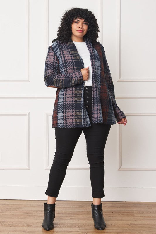 Plus Multi Color Plaid Elbow Patch Cardigan - Classique Collection