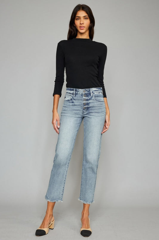 Kancan High Waist Button Fly Raw Hem Cropped Straight Jeans - ClassiQ