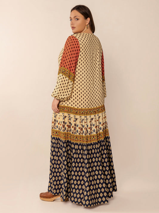 Plus Size Printed V-Neck Long Sleeve Maxi Dress - Classique Collection