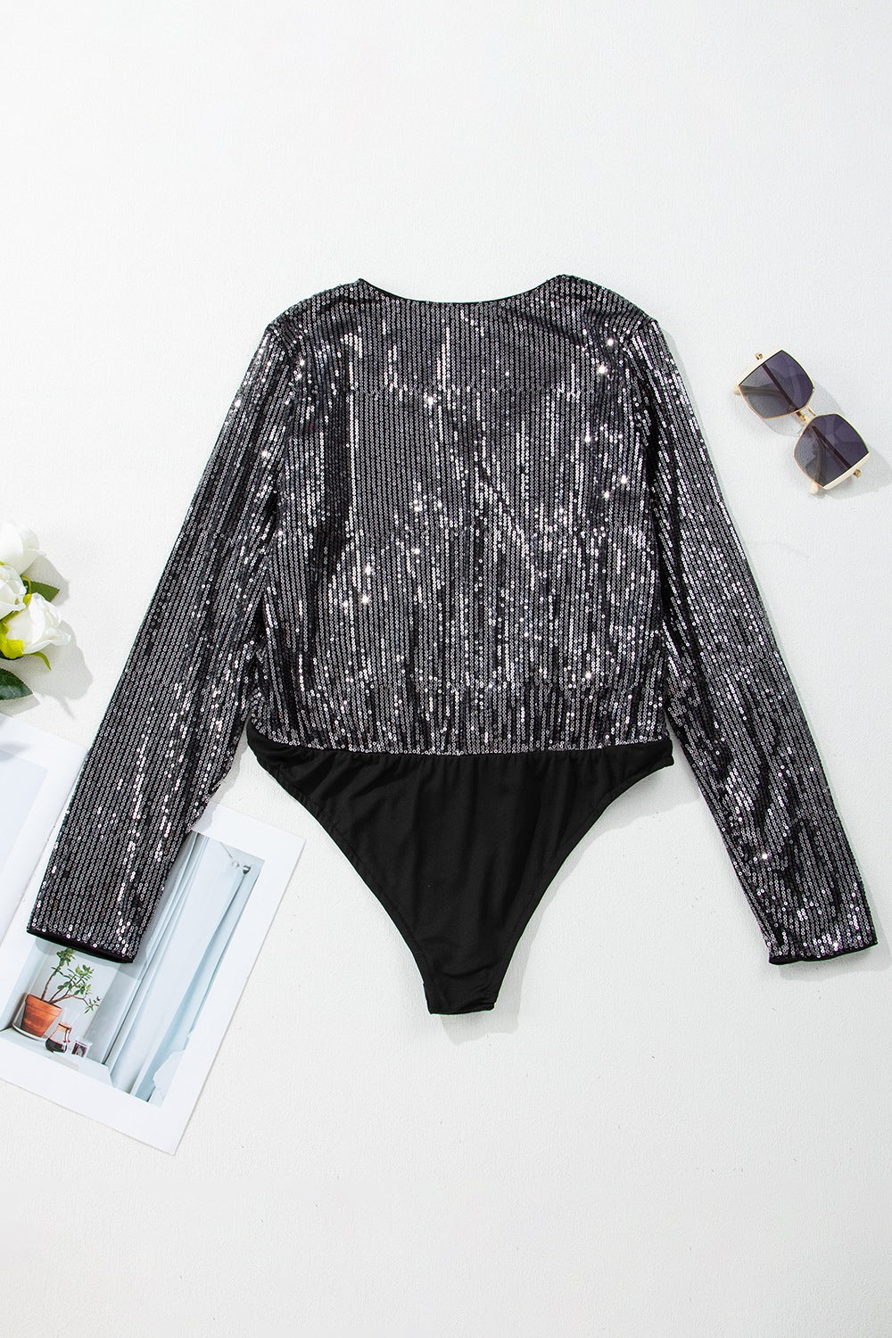 Sequin Surplice Long Sleeve Bodysuit - Classique Collection