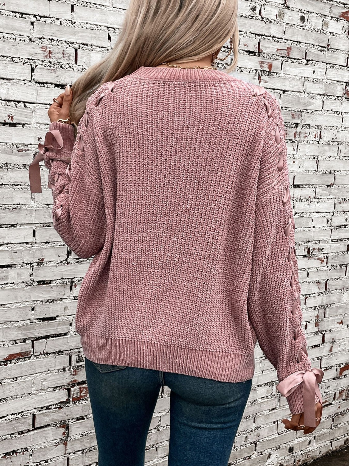 Lace Up Round Neck Long Sleeve Sweater - ClassiQ