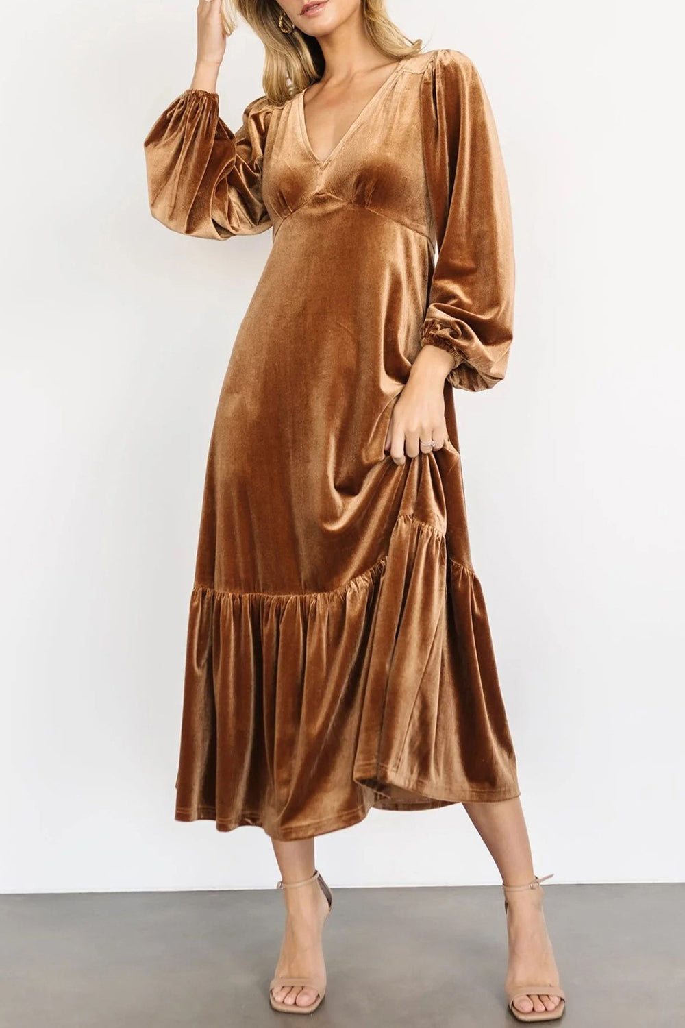 V-Neck Long Sleeve Midi Velvet Dress - Classique Collection