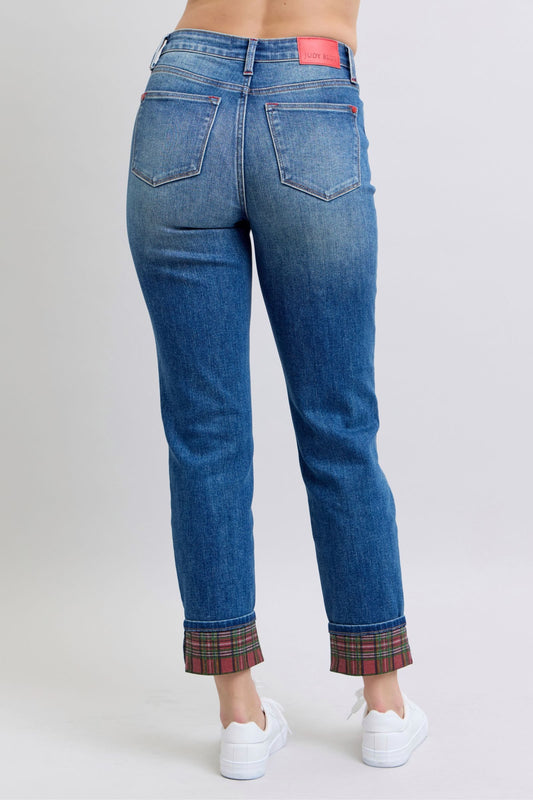 Judy Blue Full Size Plaid Print Cuff Straight Leg Jeans with Pockets - Classique Collection