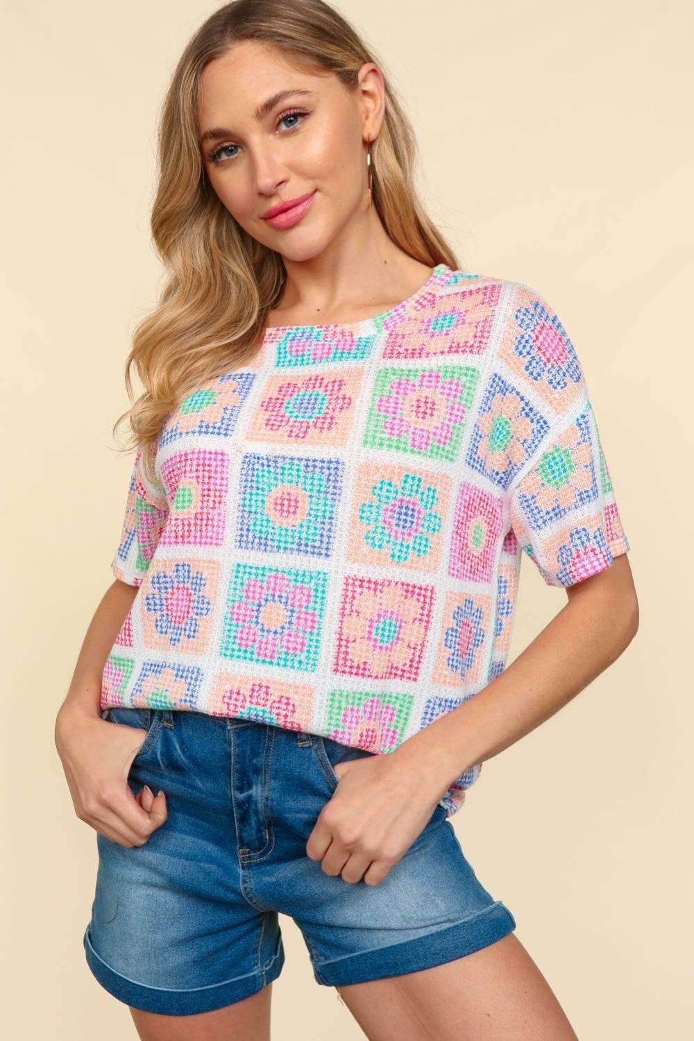 Haptics Flower Print Round Neck Short Sleeve T-Shirt - Classique Collection
