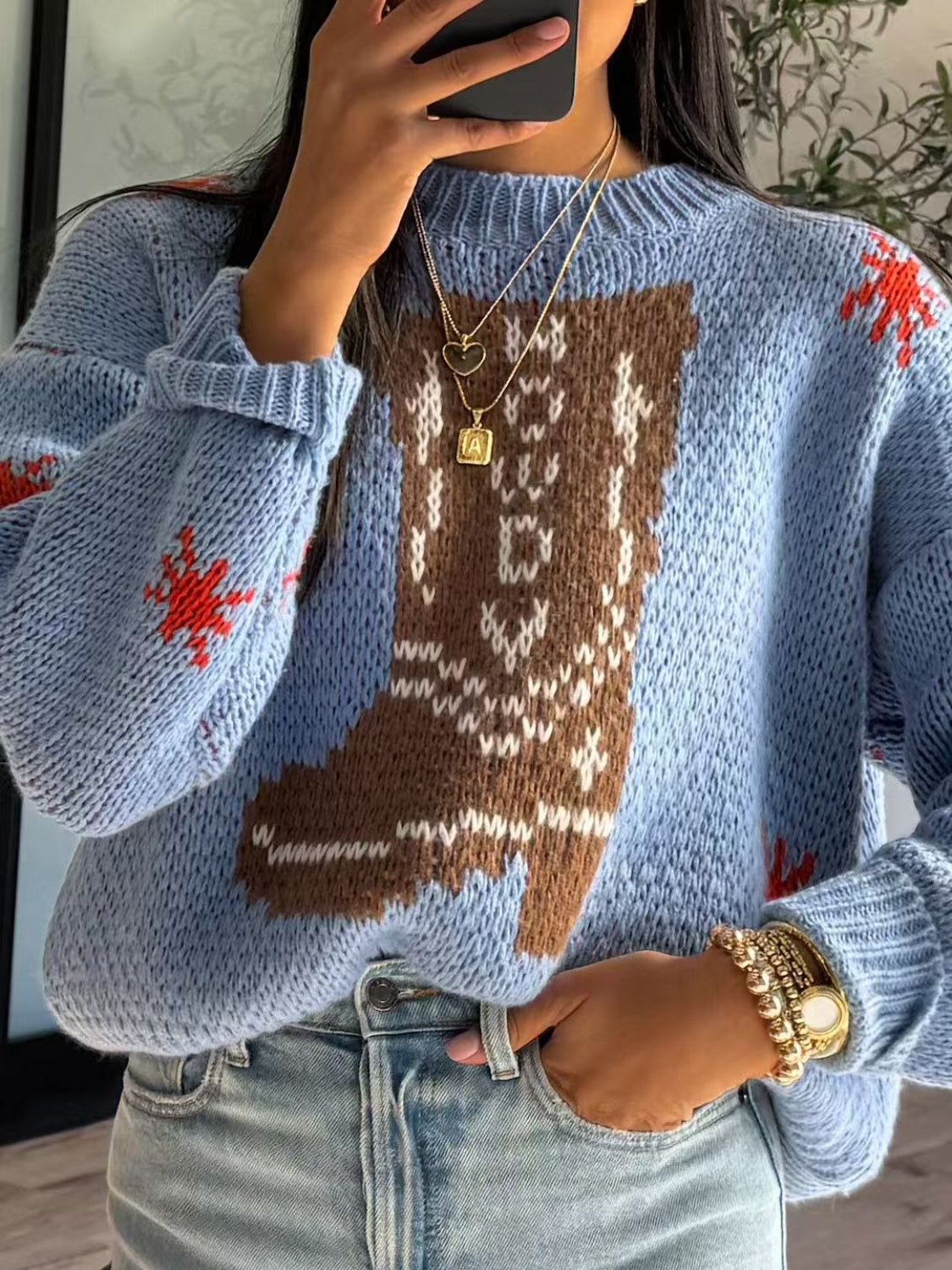 Boot Pattern Round Neck Dropped Shoulder Sweater - ClassiQ