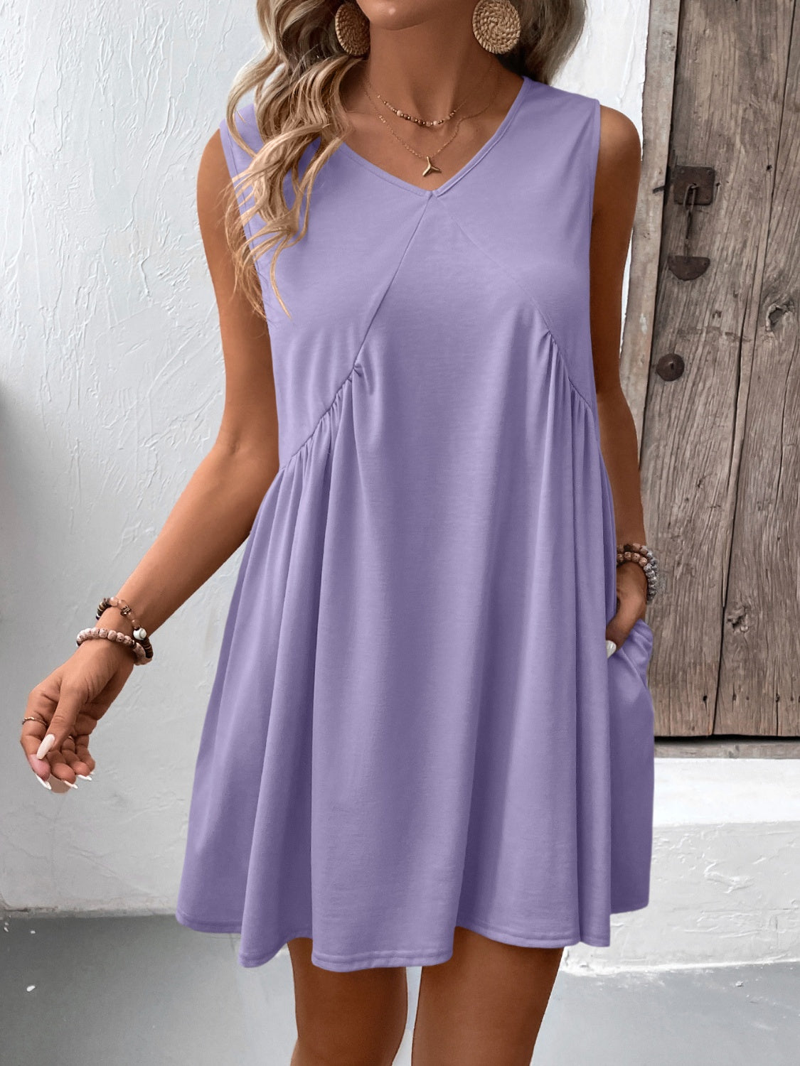 Ivy Lane Ruched V-Neck Sleeveless Mini Dress - Classique Collection
