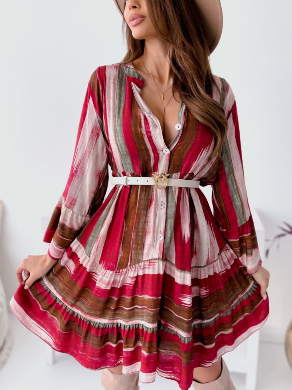 Buttoned Striped Long Sleeve Mini Dress - Classique Collection