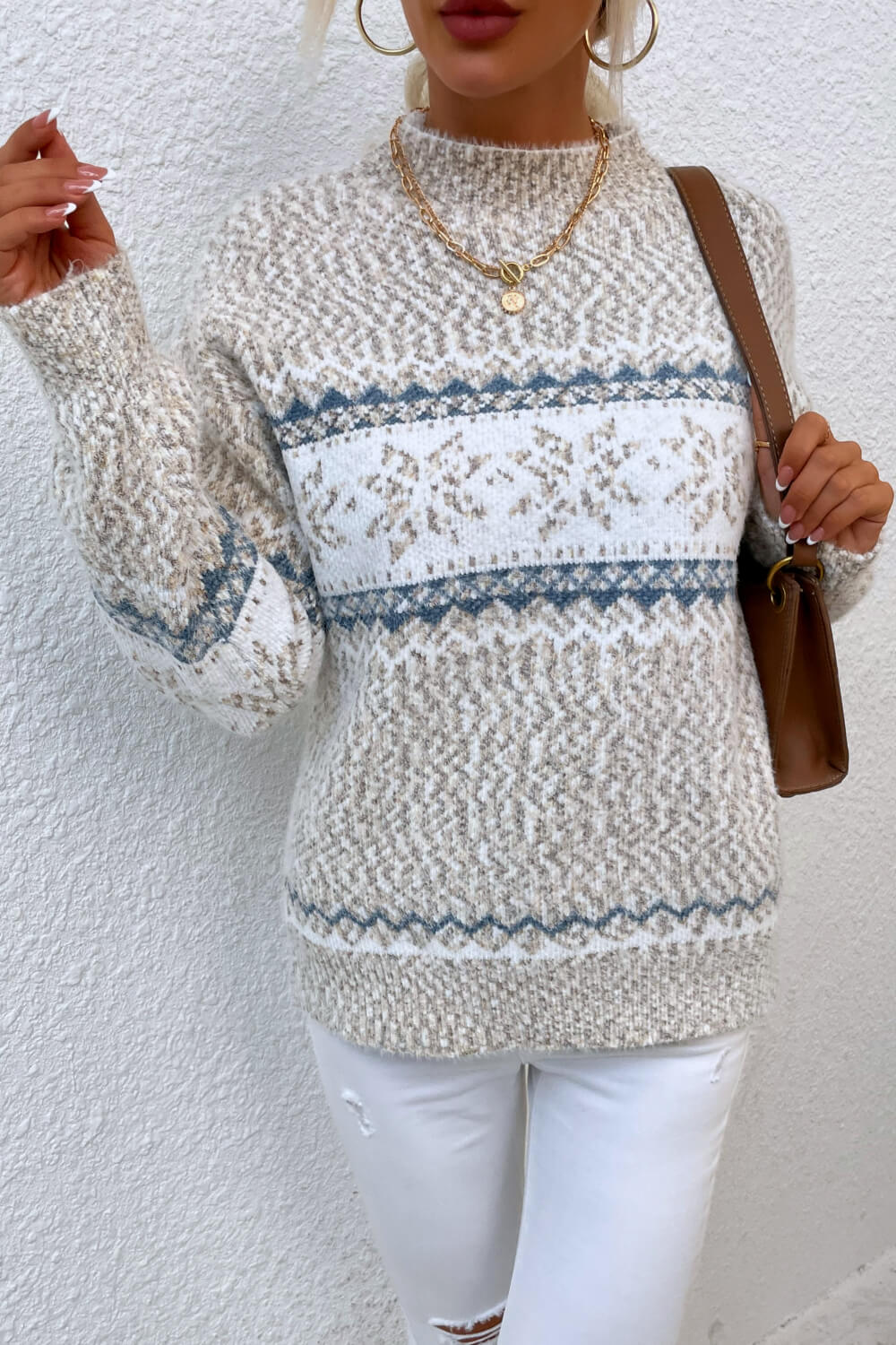 Snowflake Pattern Mock Neck Sweater - ClassiQ