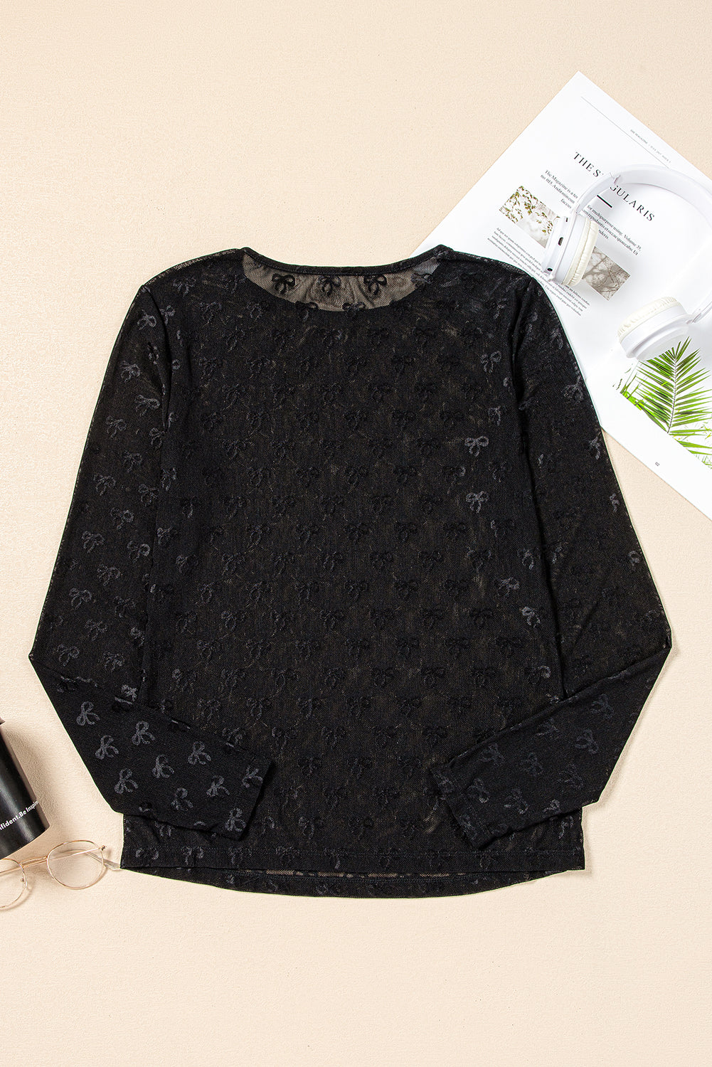Black Bow Pattern Long Sleeve Slim Fit Mesh Top - ClassiQ