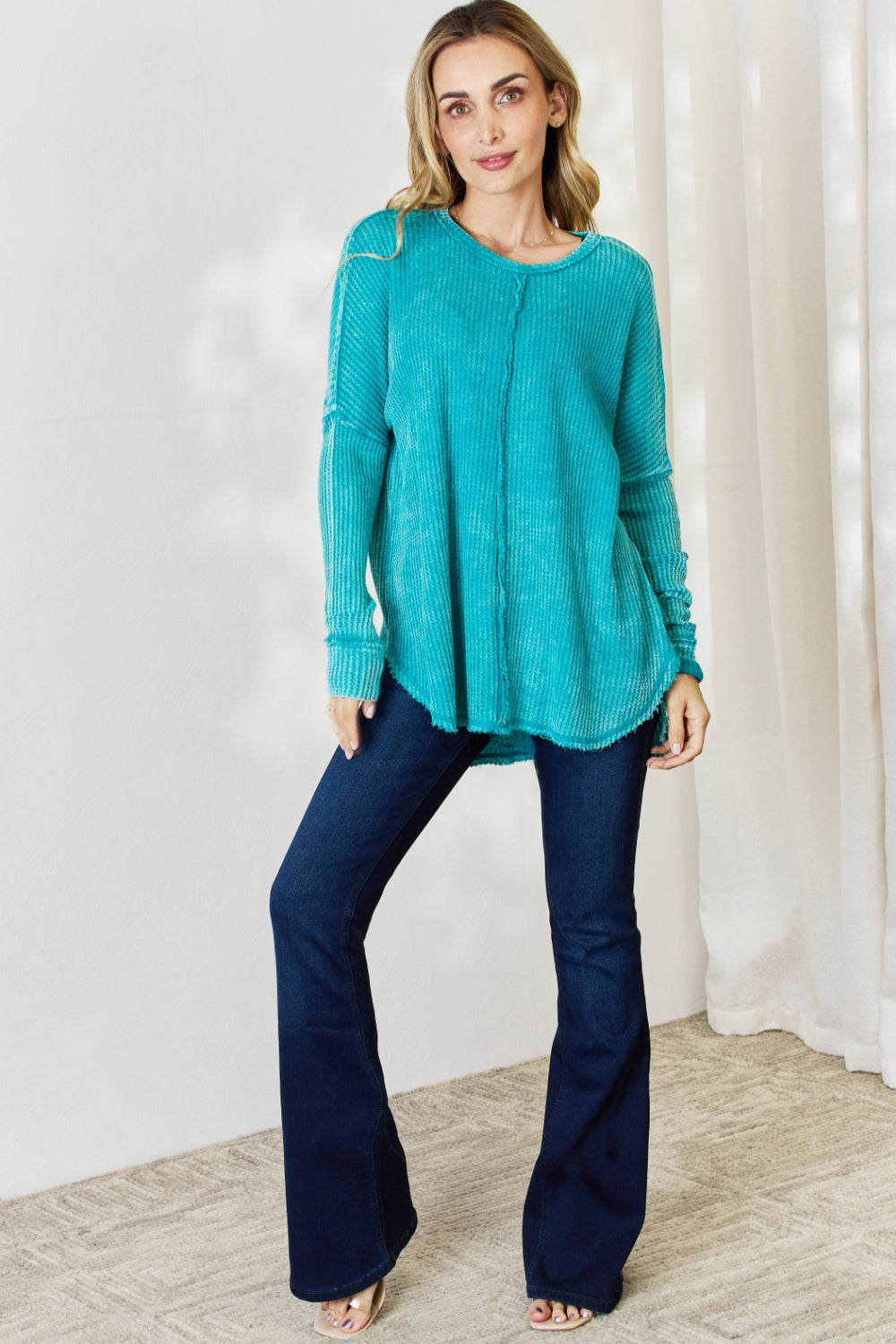 Zenana Oversized Washed Waffle Long Sleeve Top - Classique Collection