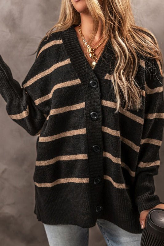 Striped Button Down Long Sleeve Cardigan - ClassiQ