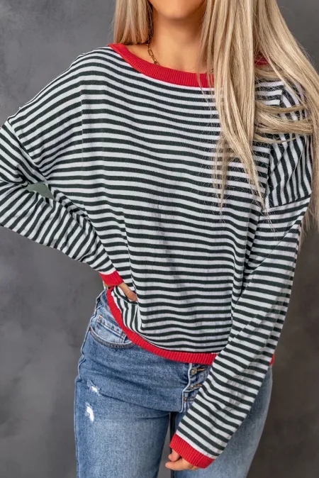 Striped Round Neck Drop Shoulder T-Shirt - ClassiQ