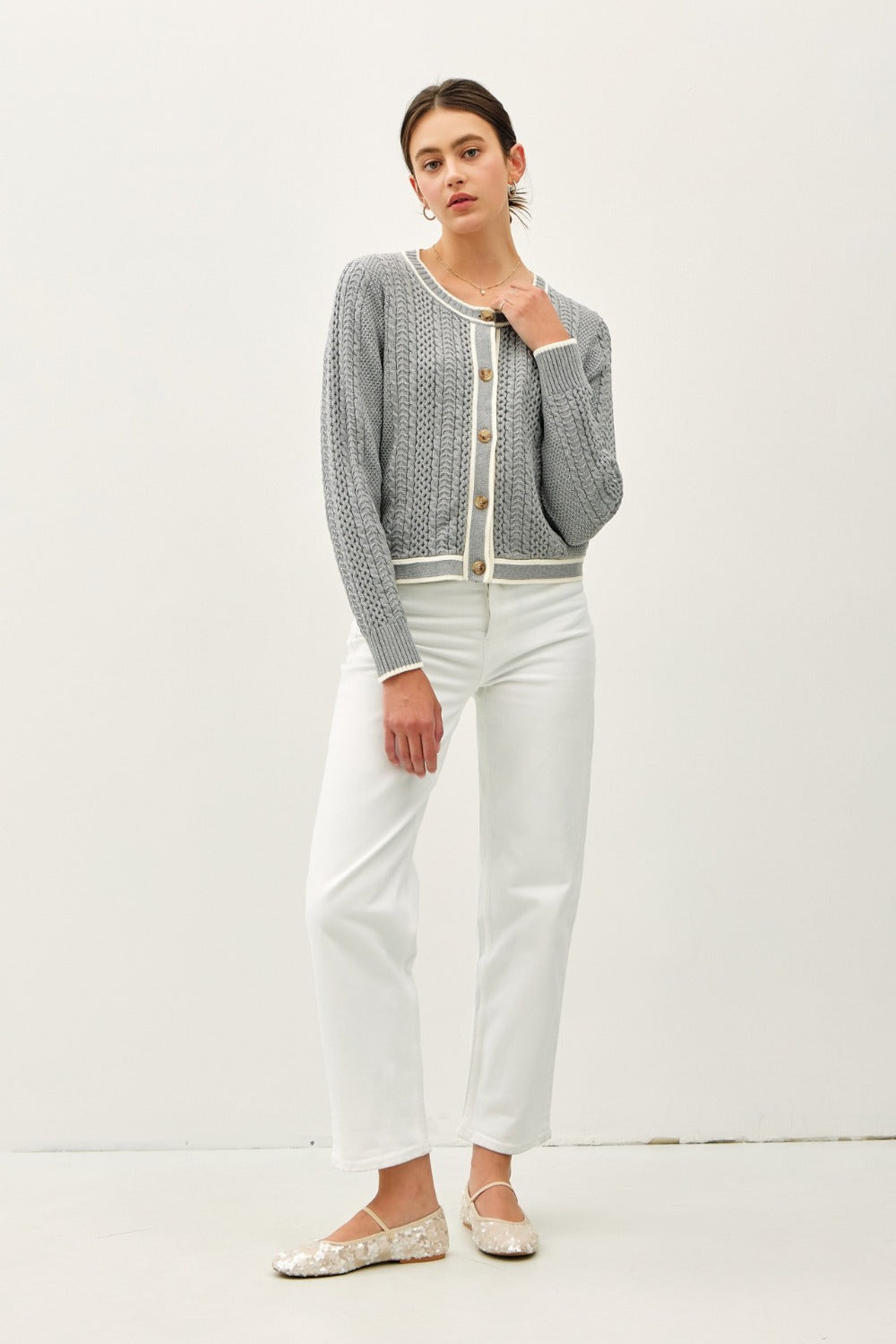 Be Cool Cable Knit Long Sleeve Contrast Edge Cardigan - Classique Collection