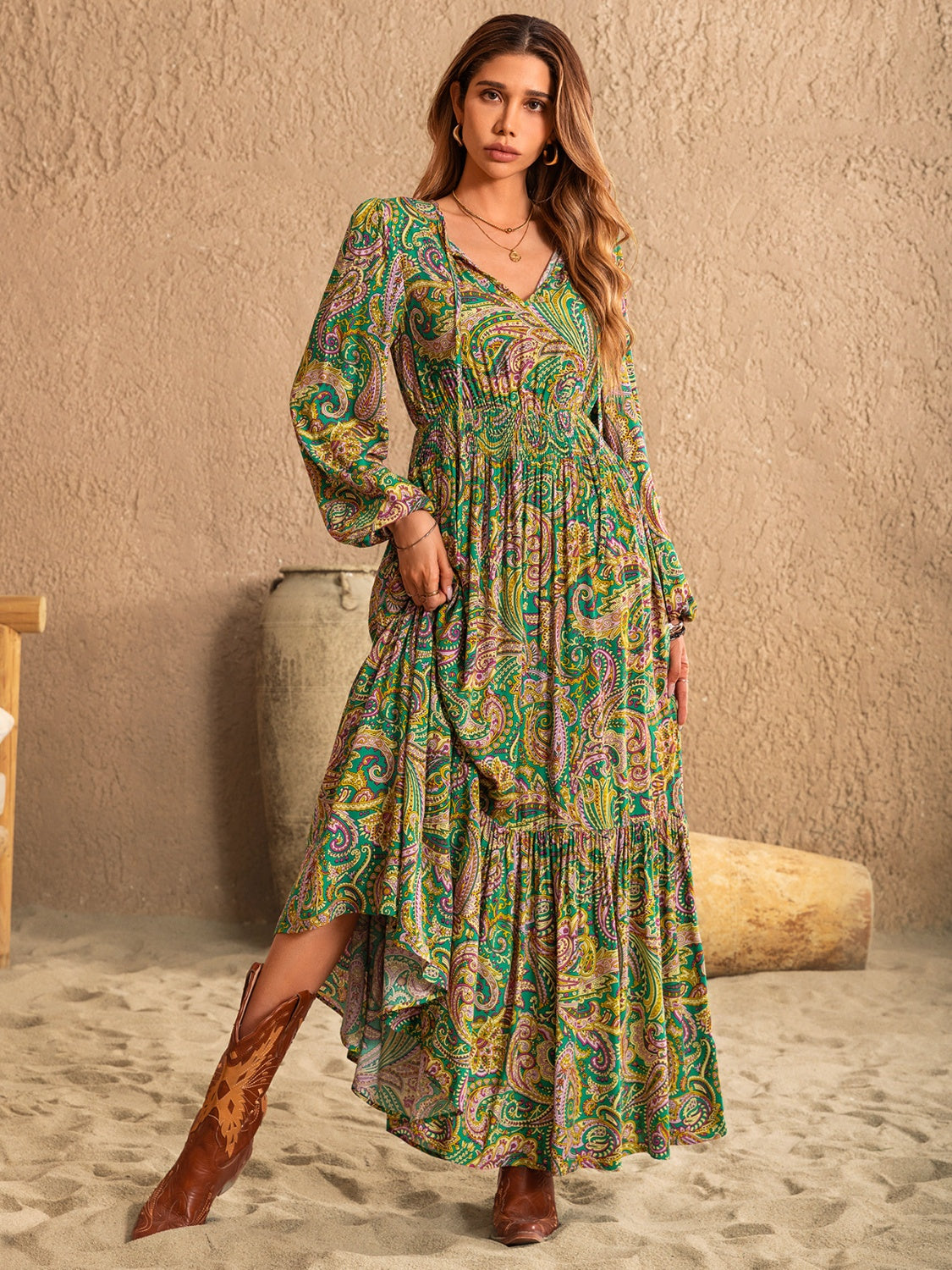 Printed Tie Neck Long Sleeve Dress - Classique Collection