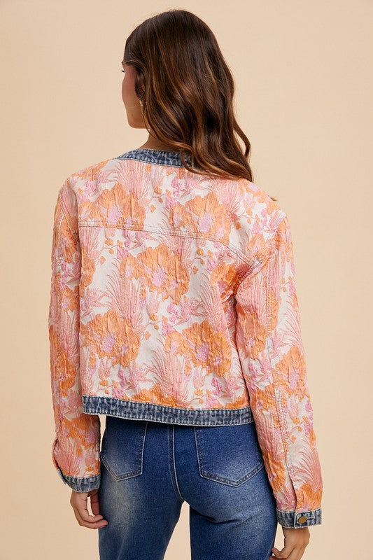 Annie Wear Floral Jacquard Denim Contrast Button Down Jacket - ClassiQ