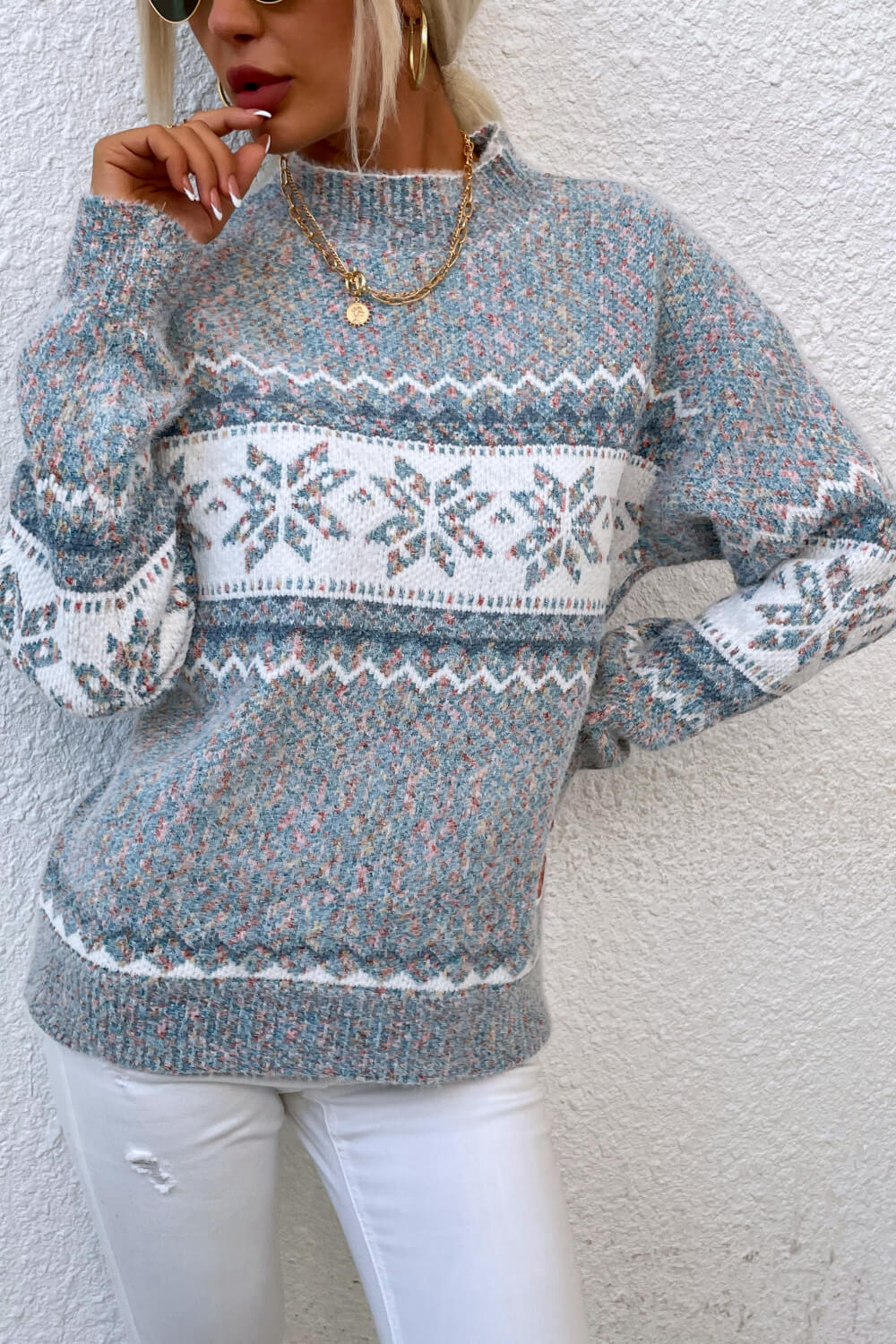 Snowflake Pattern Mock Neck Sweater - ClassiQ