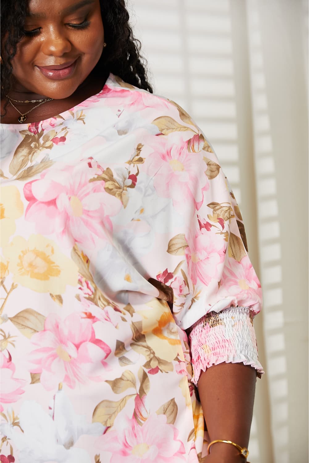 Double Take Floral Round Neck Three-Quarter Sleeve Top - Classique Collection