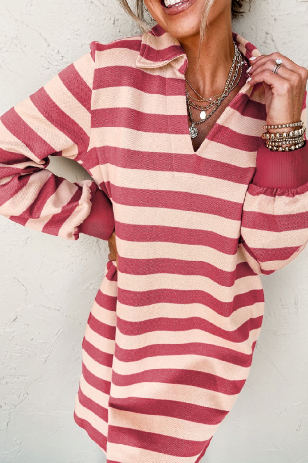 Contrast Striped Johnny Collar Long Sleeve Mini Dress - Classique Collection