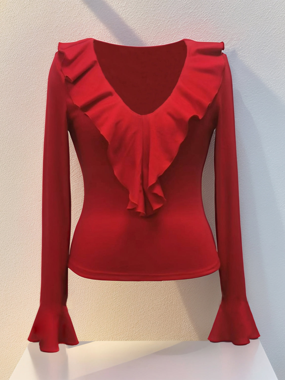 Ruffled V-Neck Long Sleeve T-Shirt - Classique Collection