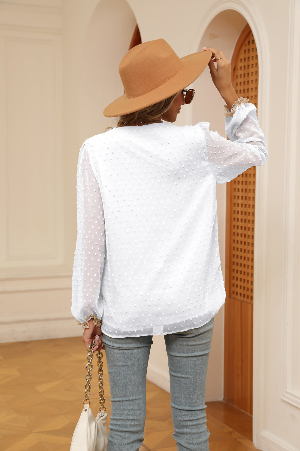 Swiss Dot Contrast V-Neck Blouse - ClassiQ