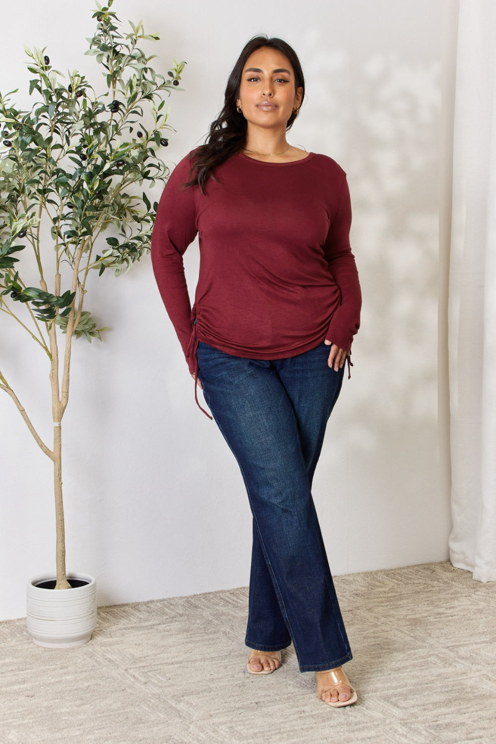 Culture Code Full Size Drawstring Round Neck Long Sleeve Top - Classique Collection