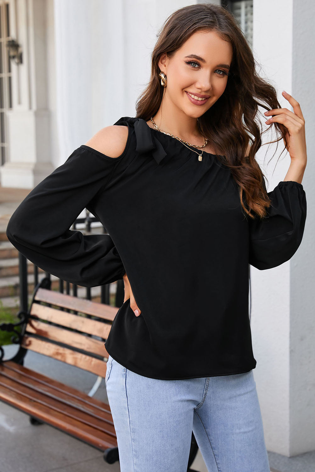 Tied Asymmetrical Neck Cold-Shoulder Blouse - Classique Collection