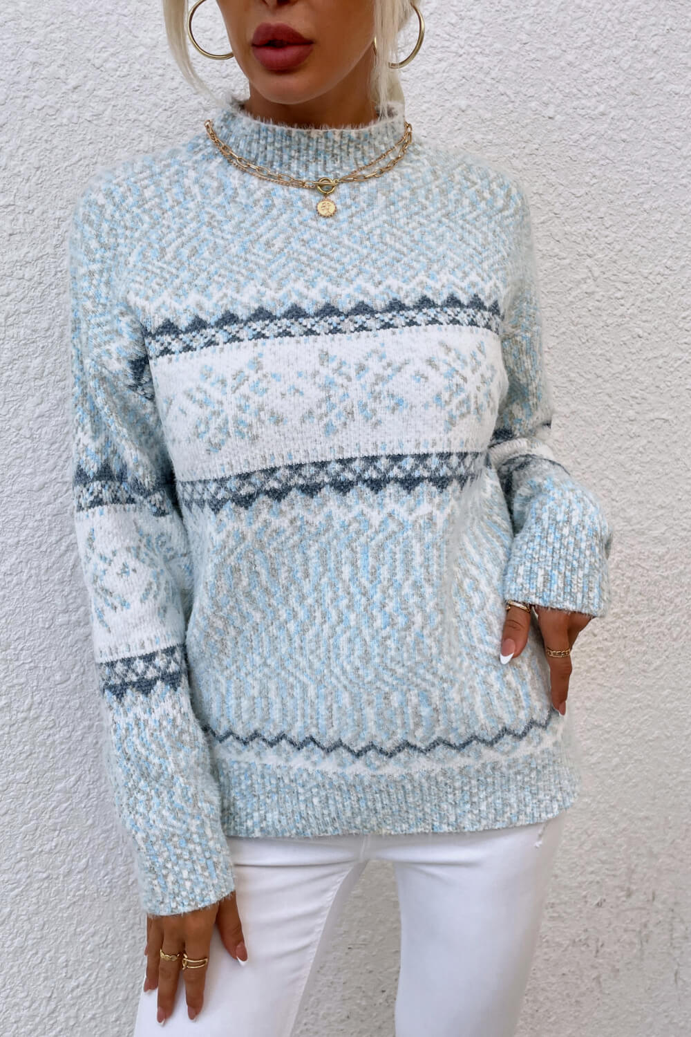 Snowflake Pattern Mock Neck Sweater - ClassiQ