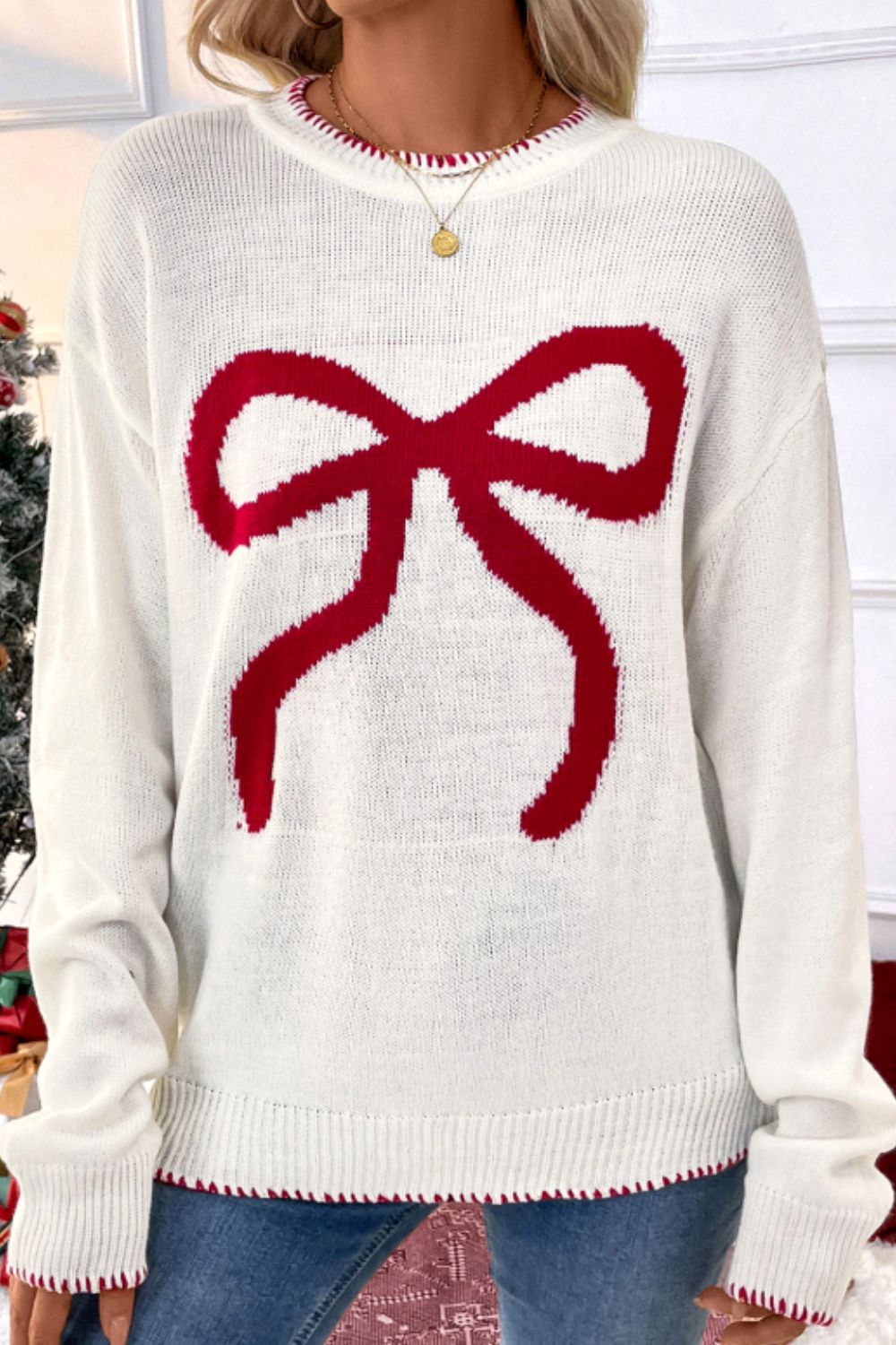 Bow Round Neck Drop Shoulder Sweater - Classique Collection