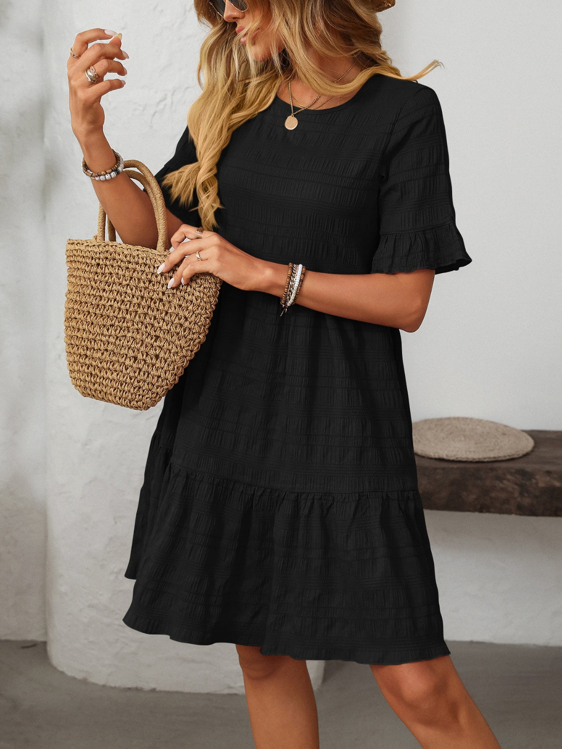 Mandy Ruffled Ruched Round Neck Half Sleeve Dress - Classique Collection