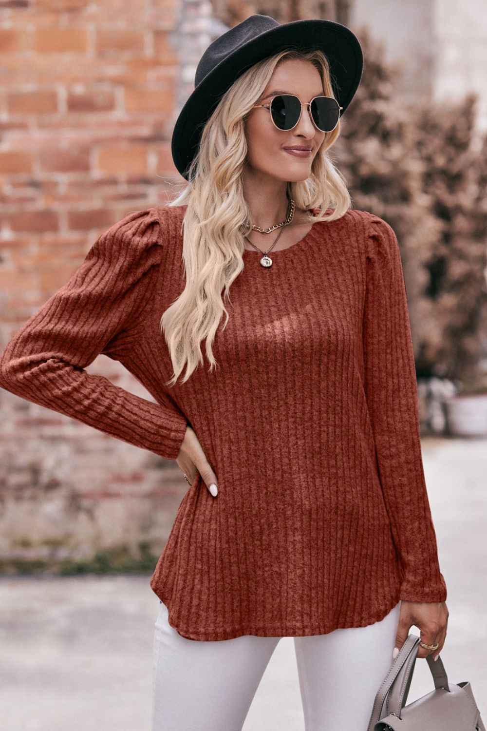 Mandy Round Neck Puff Sleeve Ribbed Top - Classique Collection