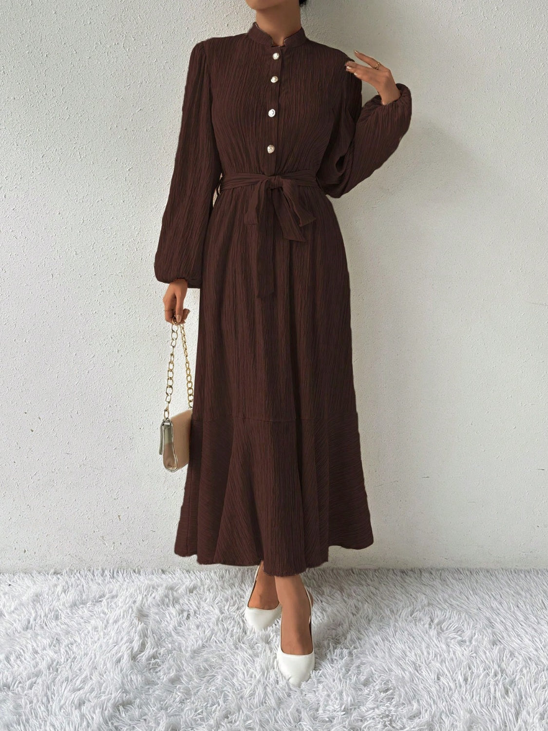 Half Button Tie Waist Long Sleeve Maxi Dress - Classique Collection