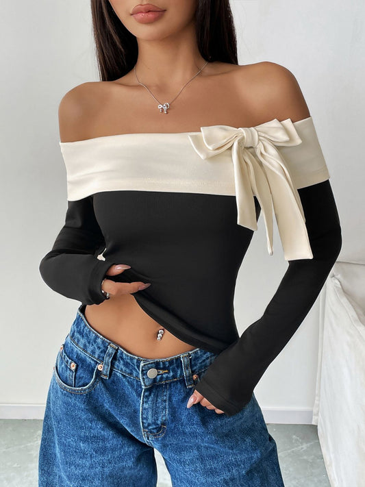 Perfee Bow Contrast Off-Shoulder Long Sleeve Top - Classique Collection