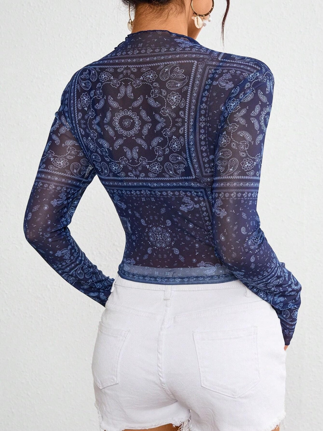 Paisley Mock Neck Long Sleeve Sheer Top - Classique Collection