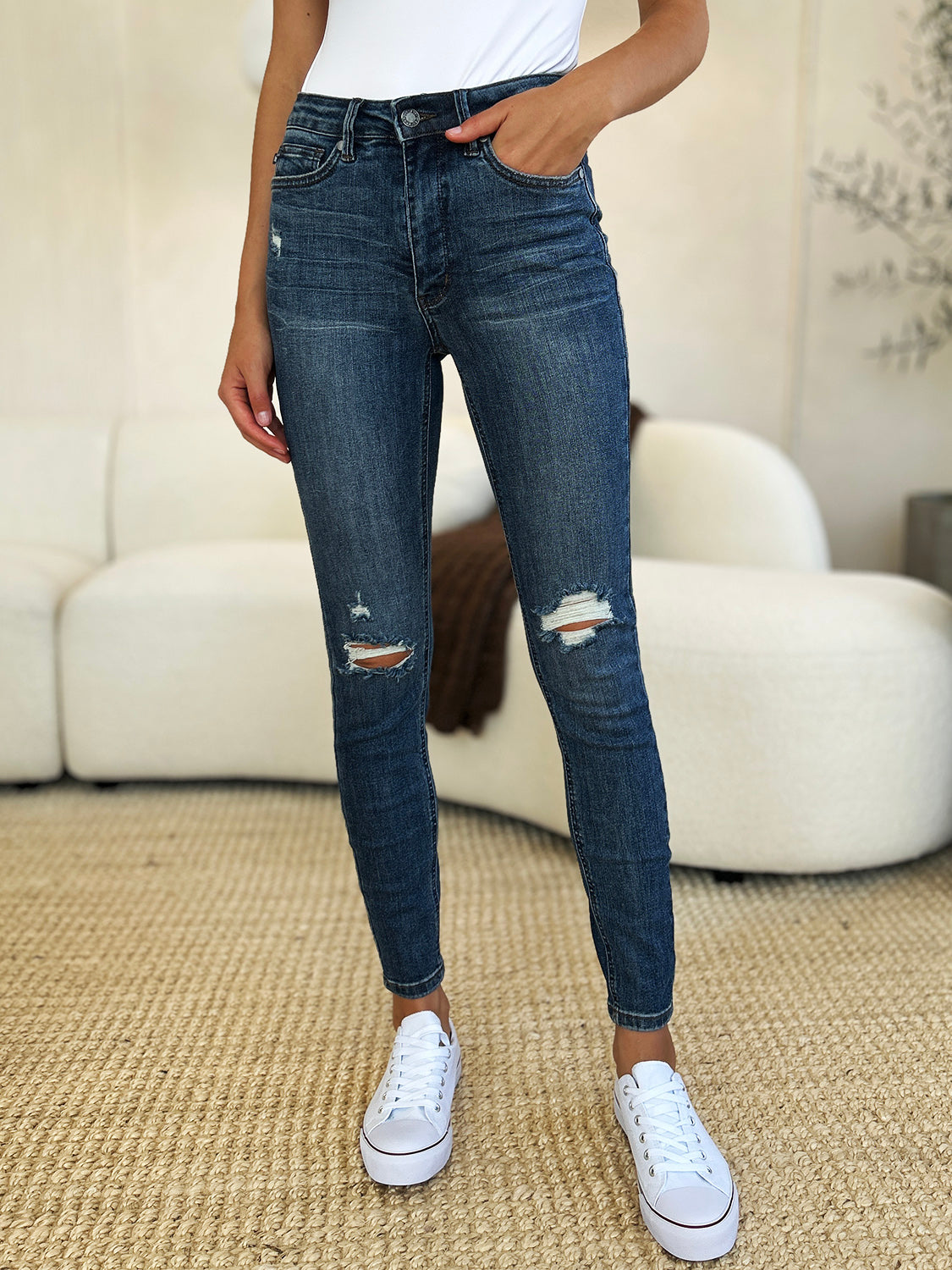 Judy Blue Full Size Mid Waist Distressed Slim Jeans - Classique Collection