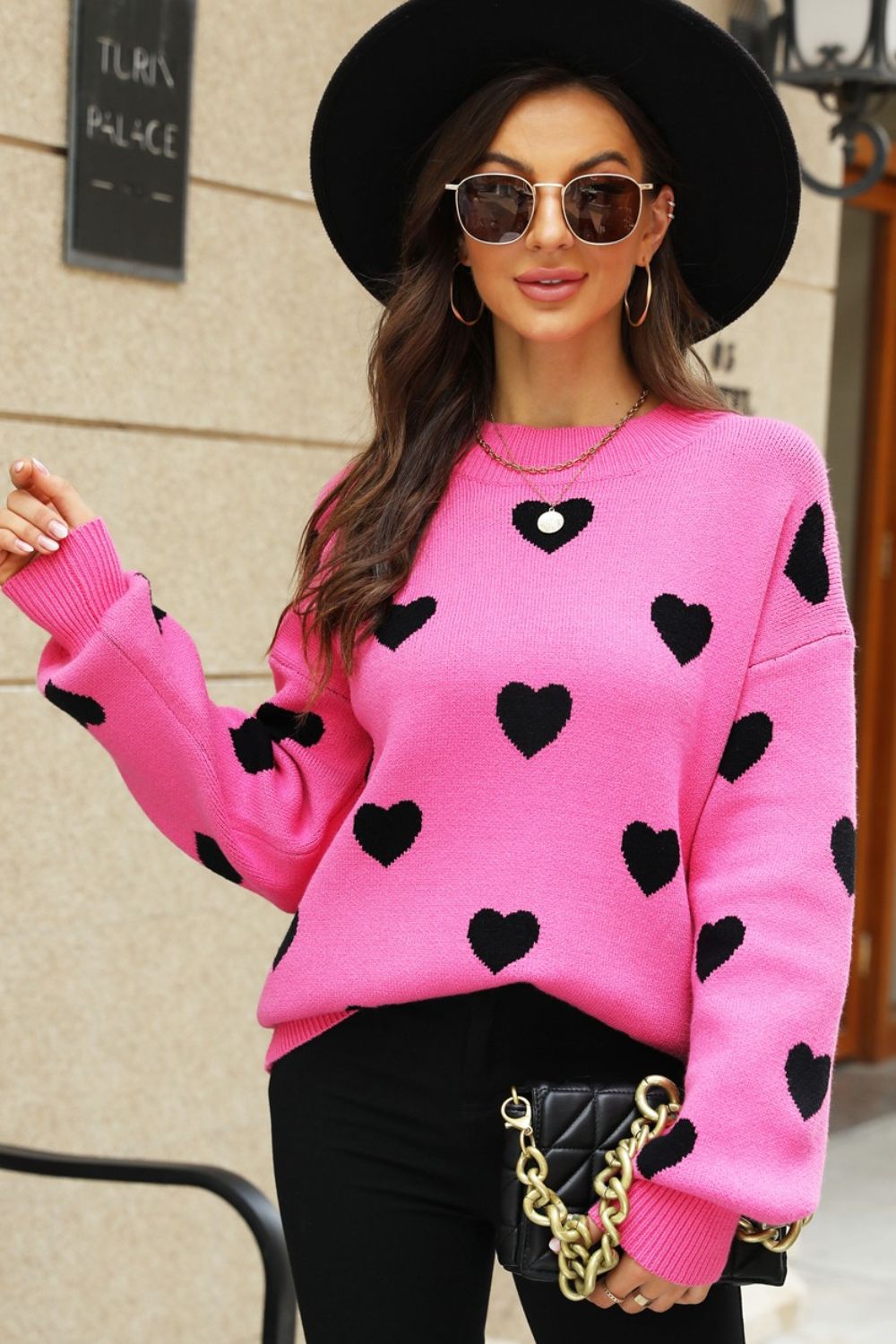 Woven Right Heart Pattern Lantern Sleeve Round Neck Tunic Sweater - ClassiQ