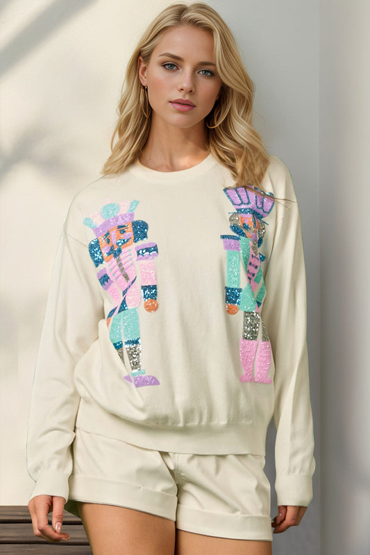 Double Take Full Size Sequin Nutcracker Long Sleeve Sweater - ClassiQ