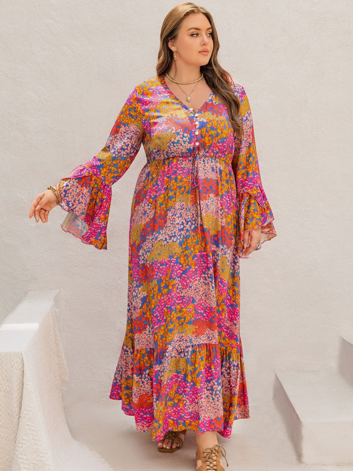 Plus Size Printed V-Neck Long Sleeve Maxi Dress - Classique Collection