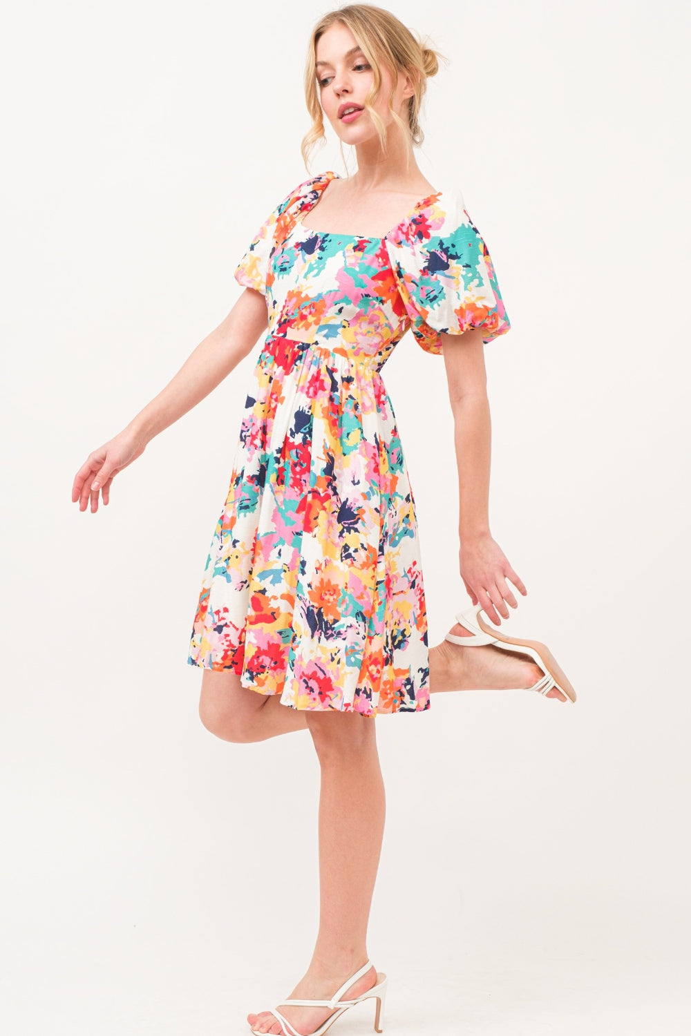 And The Why Square Neck Puff Sleeve Floral Dress - Classique Collection