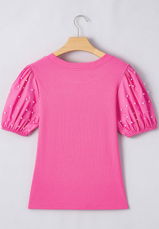 Pearl Detail Round Neck Puff Sleeve Blouse - Classique Collection