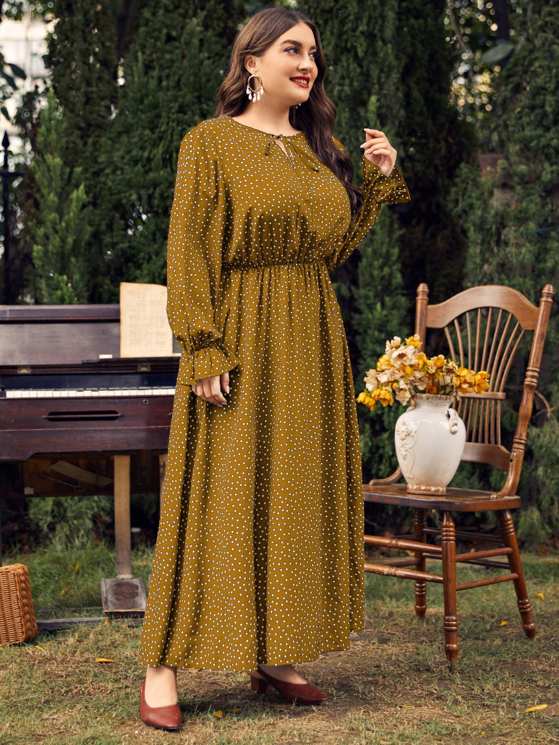 Honey Plus Size Ruffled Polka Dot Long Sleeve Midi Dress - Classique Collection
