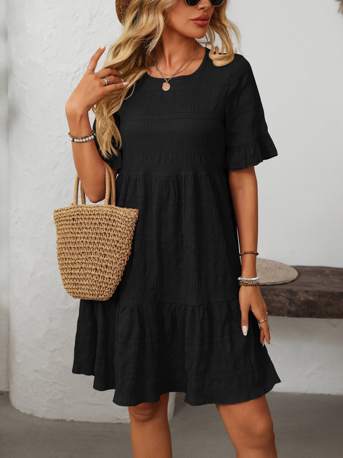 Mandy Ruffled Ruched Round Neck Half Sleeve Dress - Classique Collection