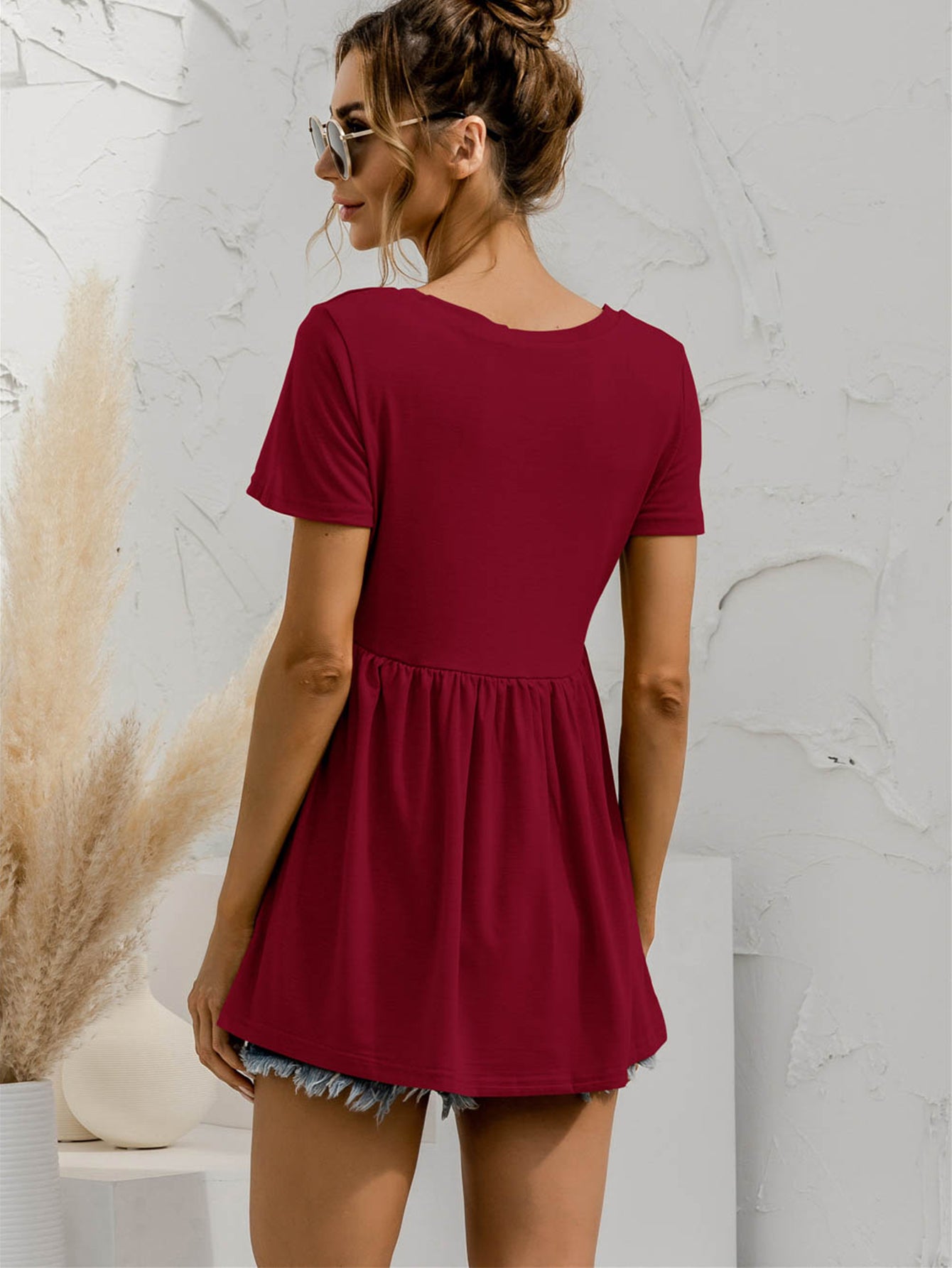 V-Neck Short Sleeve Babydoll Top - Classique Collection