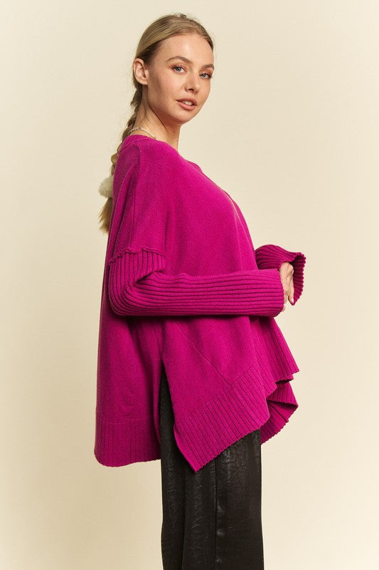 Davi & Dani Ribbed Side Slit V-Neck Sweater - Classique Collection